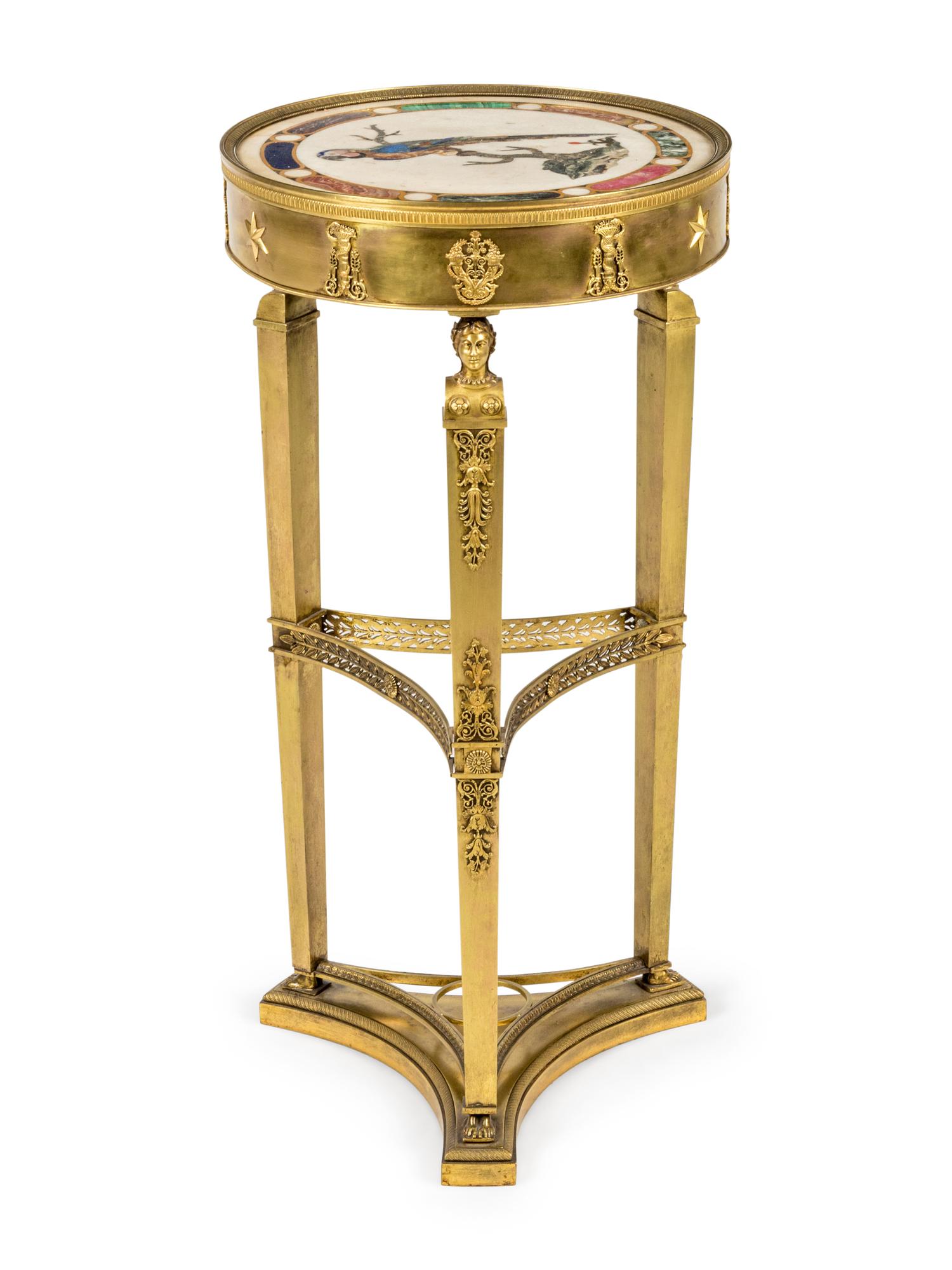An Italian Neoclassical Gilt Metal and Pietra Dura Inset Table