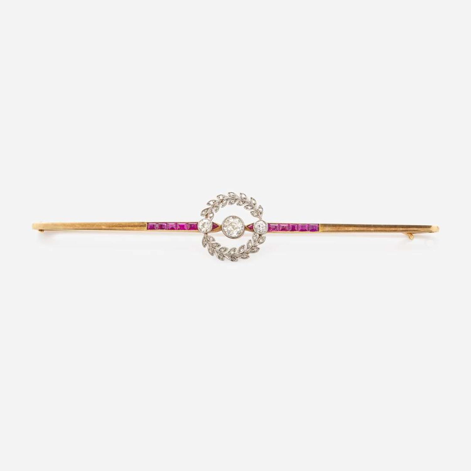 A 14K Yellow Gold, Platinum, Ruby, and Diamond Brooch