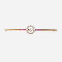 A 14K Yellow Gold, Platinum, Ruby, and Diamond Brooch