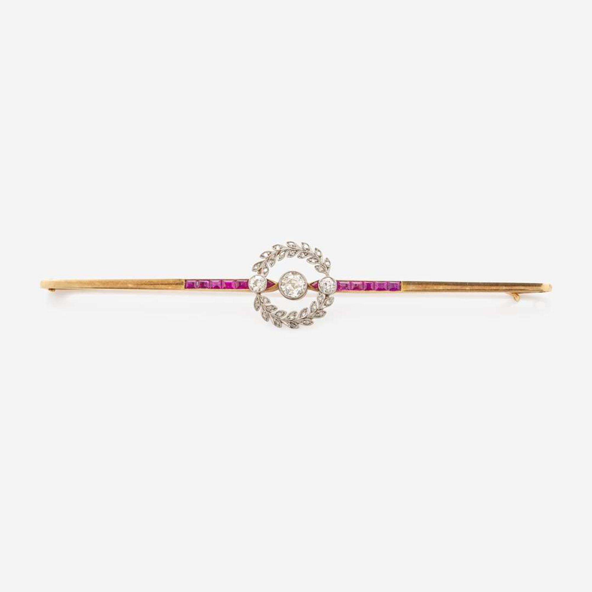 A 14K Yellow Gold, Platinum, Ruby, and Diamond Brooch