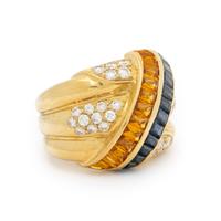 LEVIAN, DIAMOND, SAPPHIRE, AND YELLOW GOLD RING