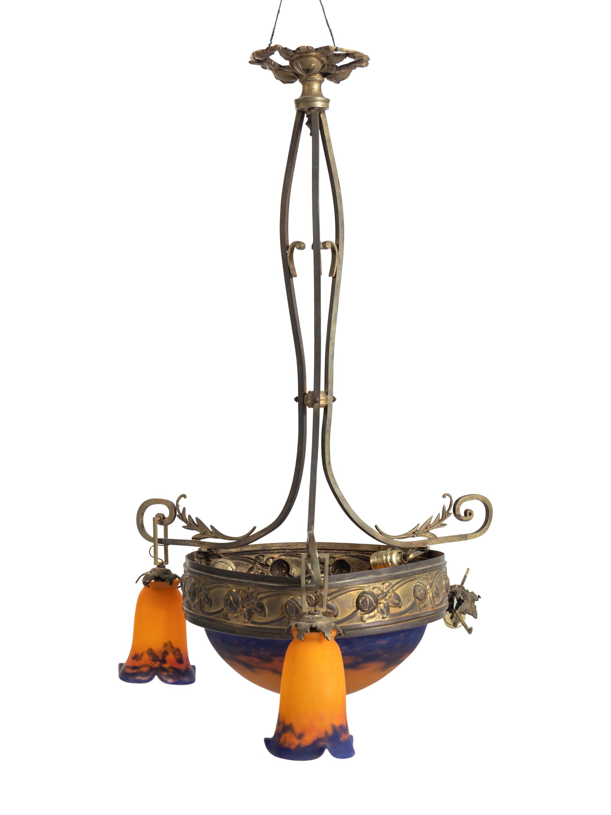 A Continental Bronze and Glass Three-Light Chandelier