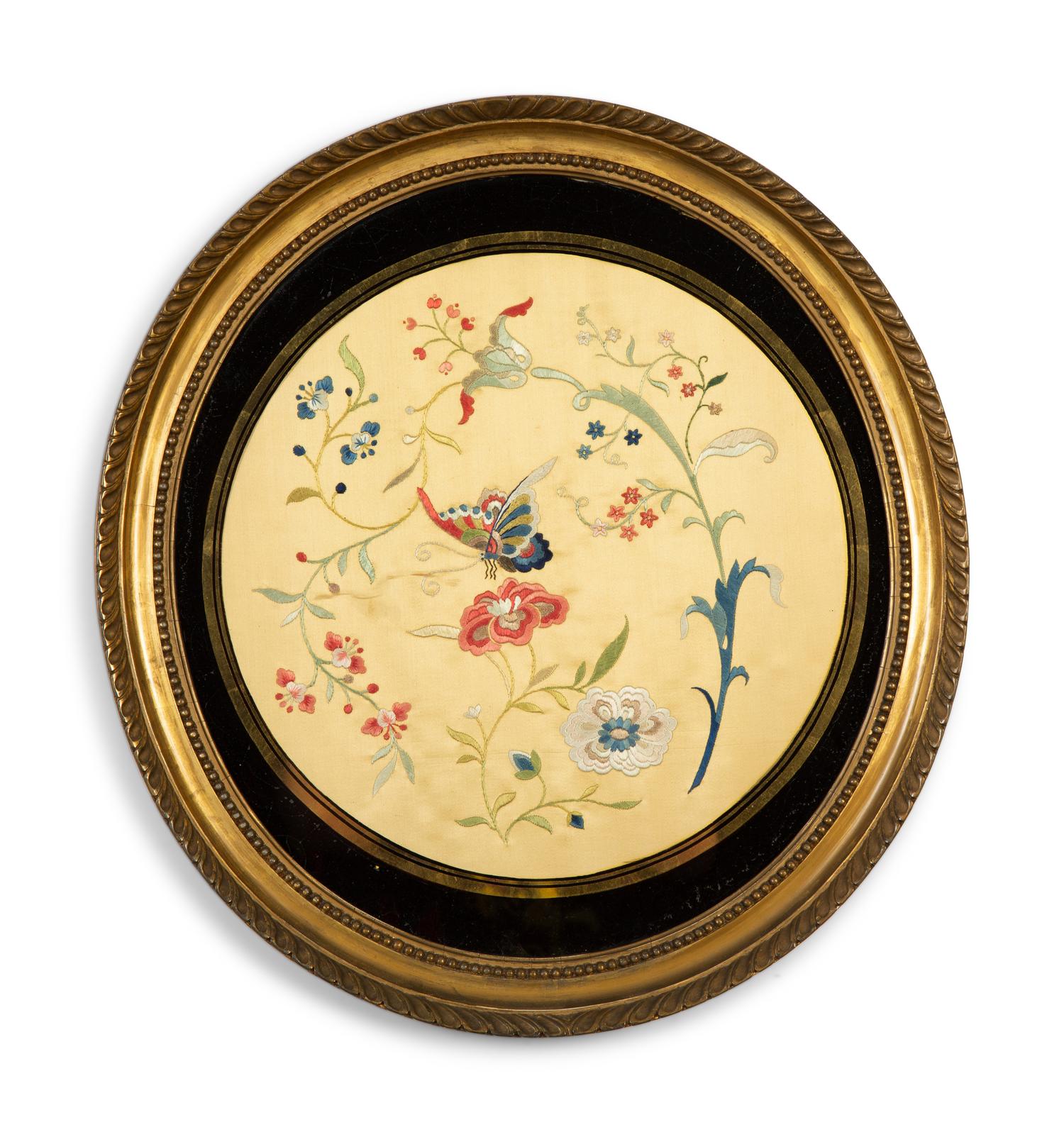 A Pair of Chinese Embroidered Silk Roundels in Gilt Frames