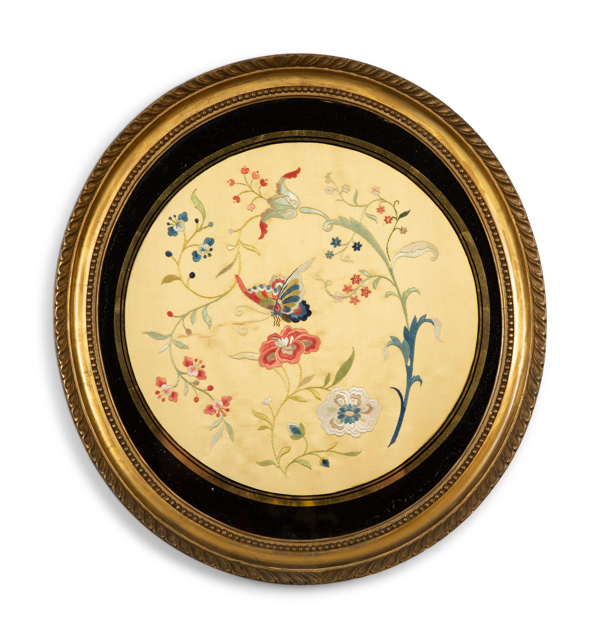 A Pair of Chinese Embroidered Silk Roundels in Gilt Frames