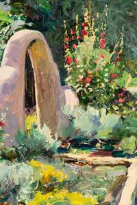 Adobe Gate with Hollyhocks