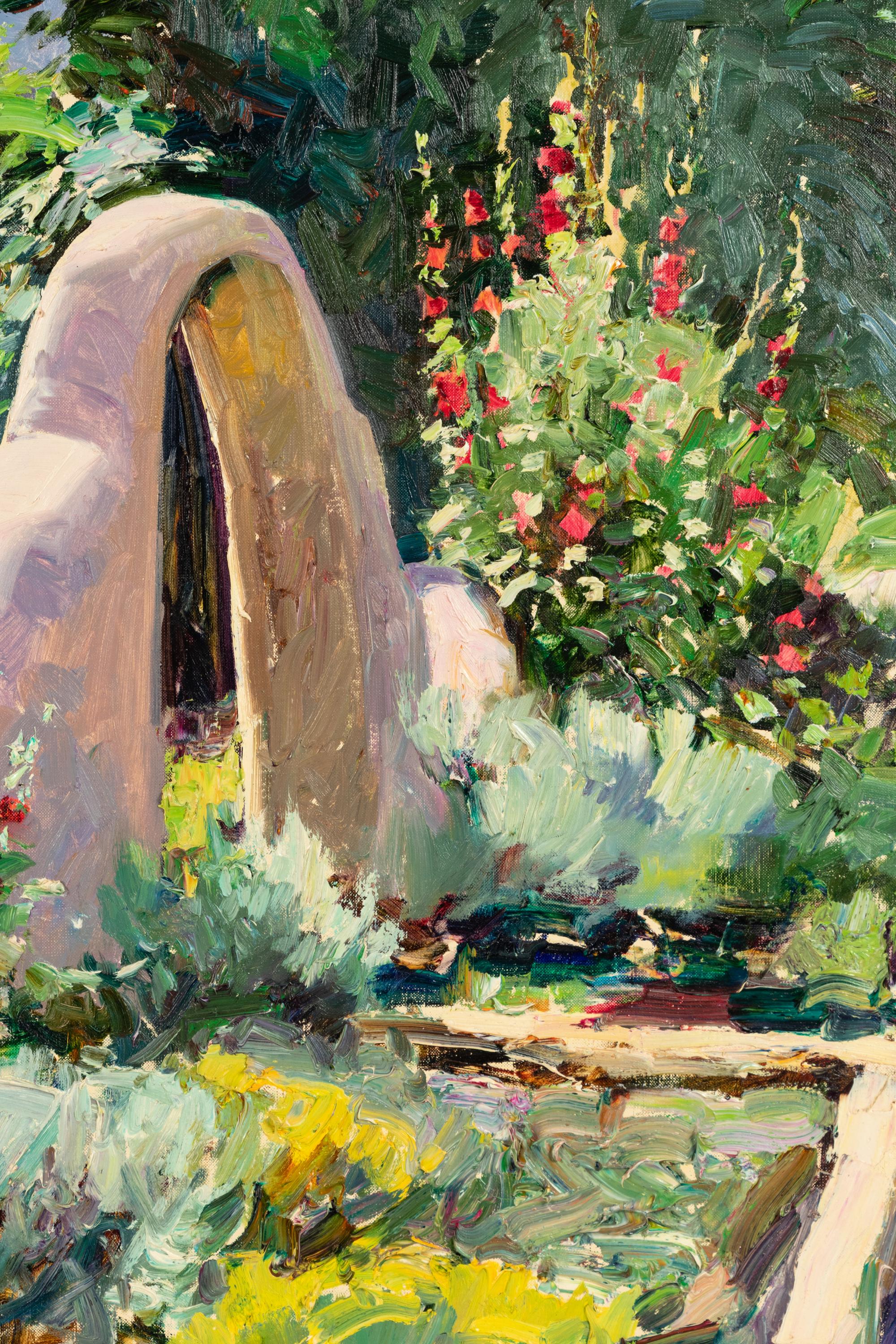 Adobe Gate with Hollyhocks