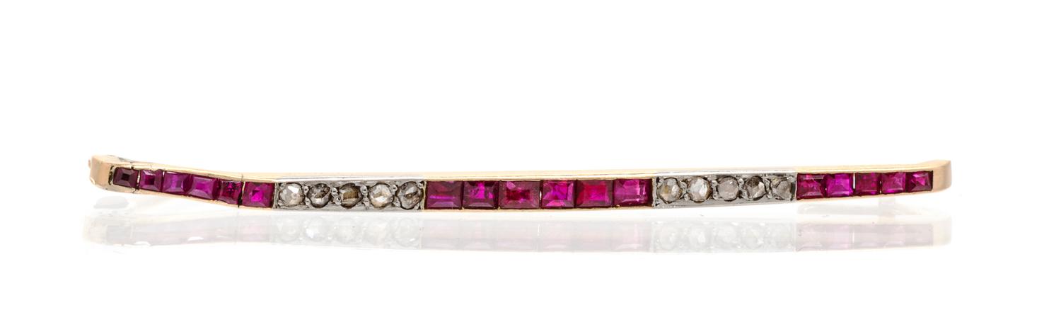 An Antique 18 Karat Yellow Gold, Platinum, Ruby and Diamond Bar Brooch, French, 2.90 dwts.