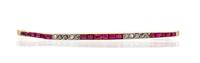 An Antique 18 Karat Yellow Gold, Platinum, Ruby and Diamond Bar Brooch, French, 2.90 dwts.