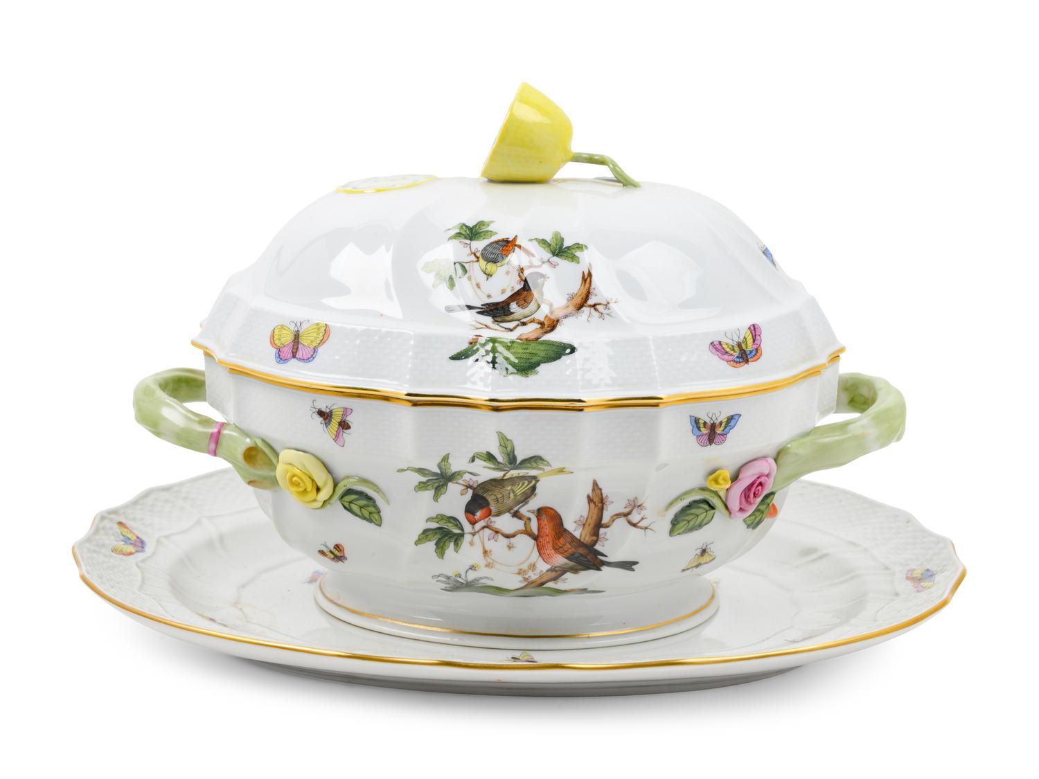 A Herend Porcelain Rothschild Bird Soup Tureen and Underplate