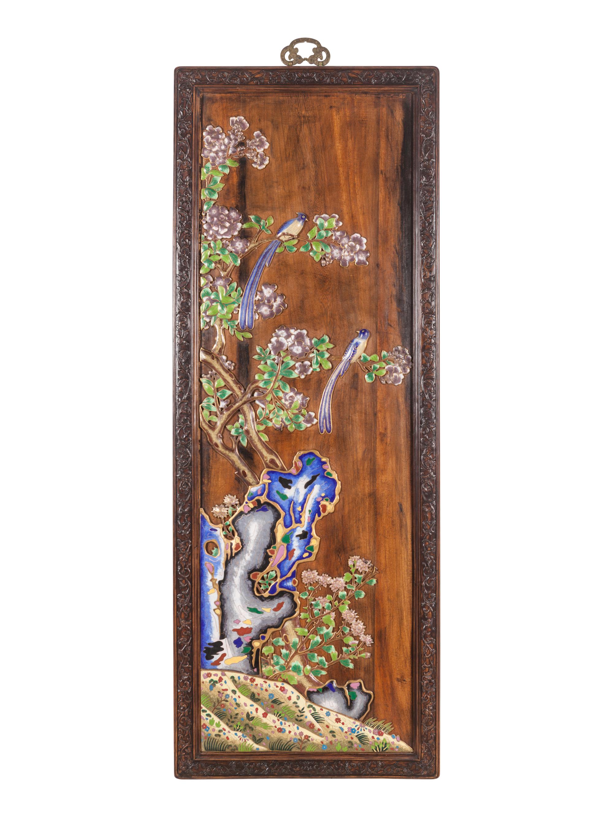 A Set of Four Chinese Export Cloisonné Inset Wood Wall Panels