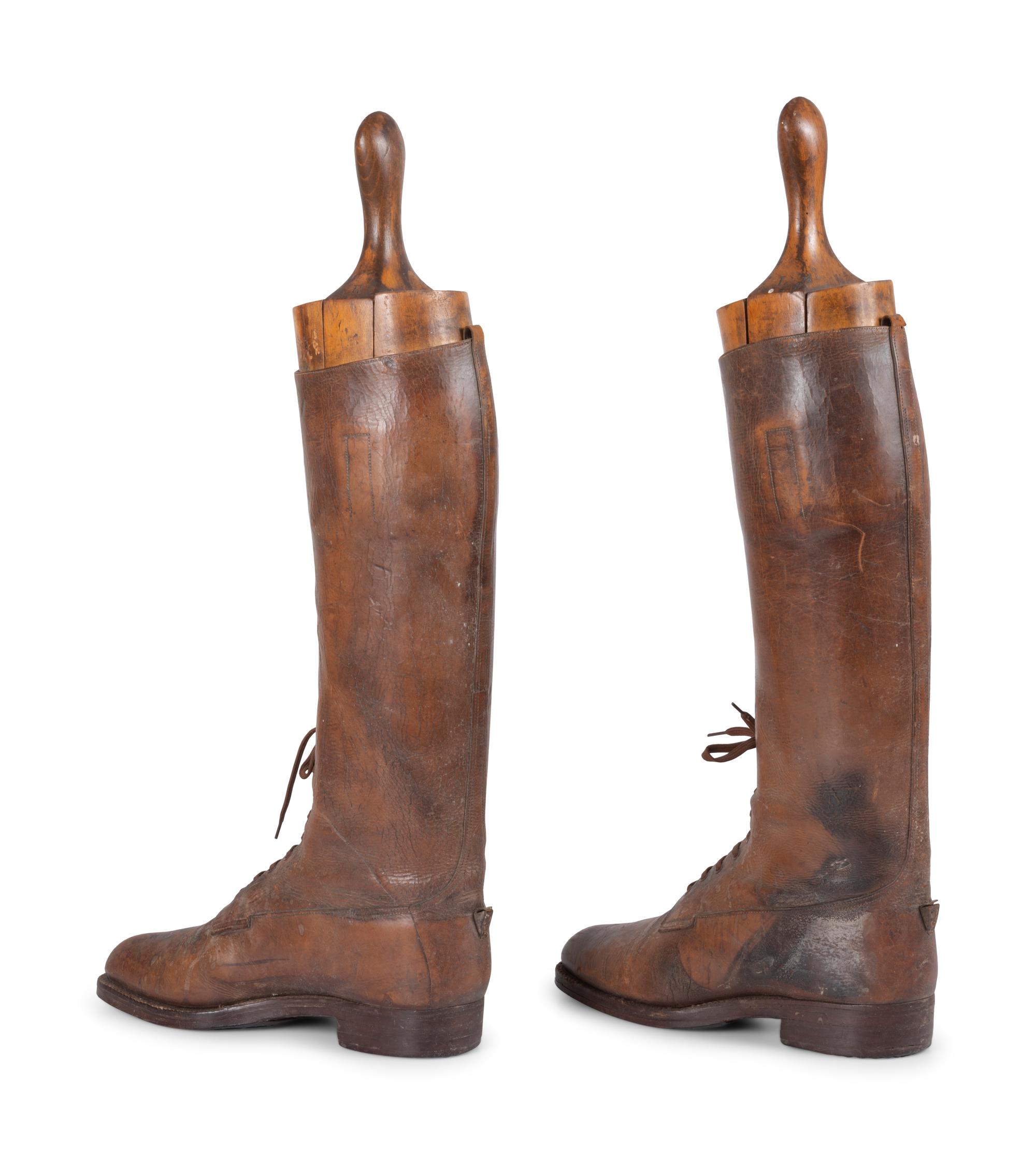 A Pair of Leather Lace Up Pull-On Men's Boots with Wood Boot Stretchers