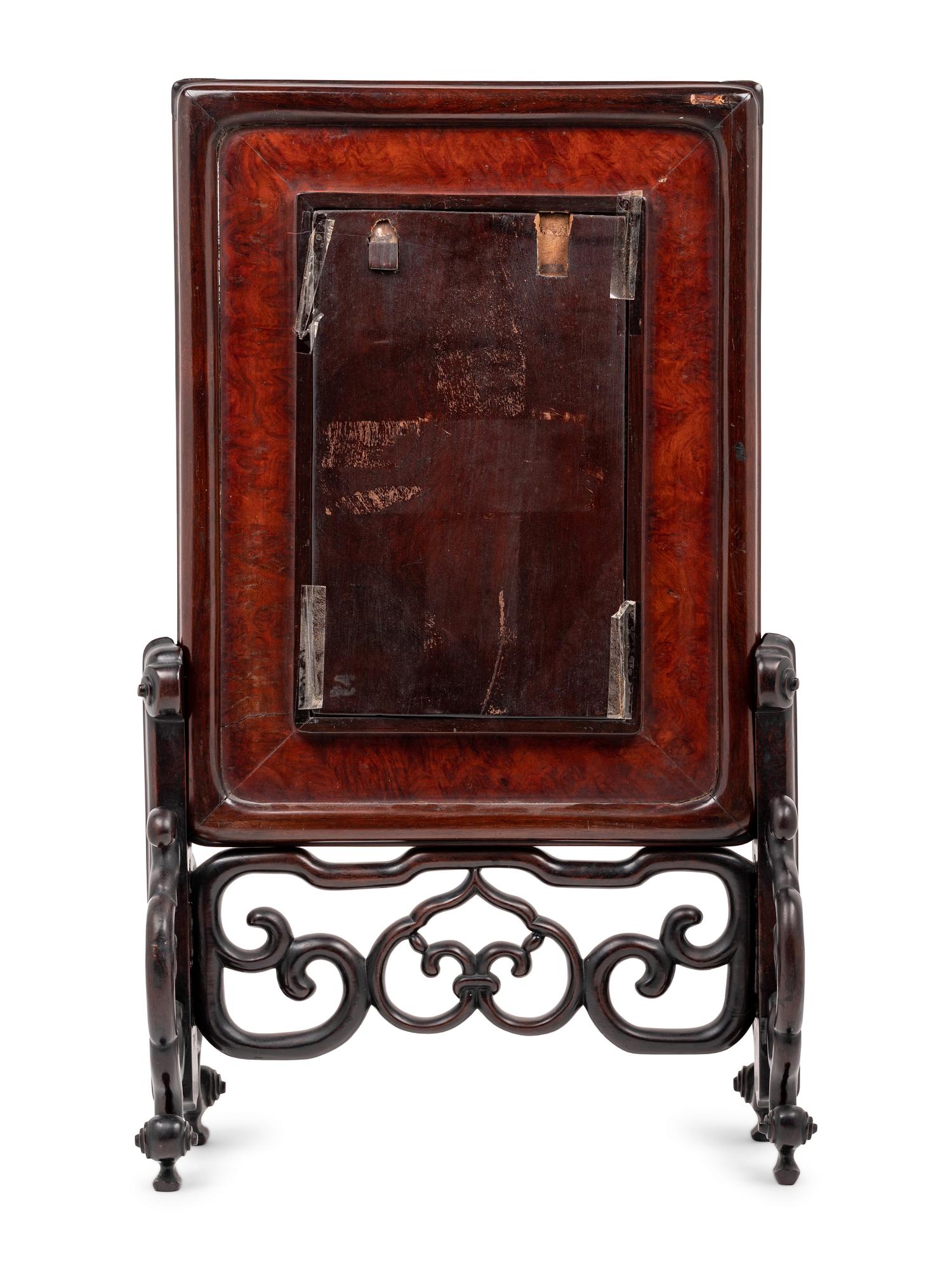 A Famille Rose Porcelain Inset Burlwood and Hardwood Table Screen