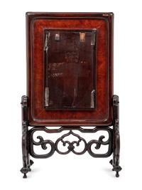 A Famille Rose Porcelain Inset Burlwood and Hardwood Table Screen