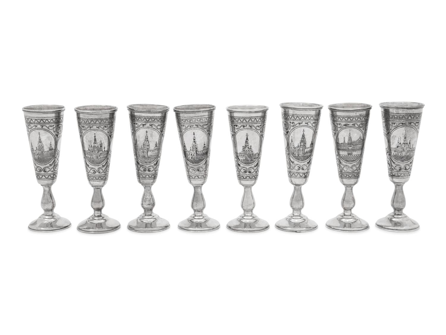A Set of Eight Russian Niello Silver Cordials