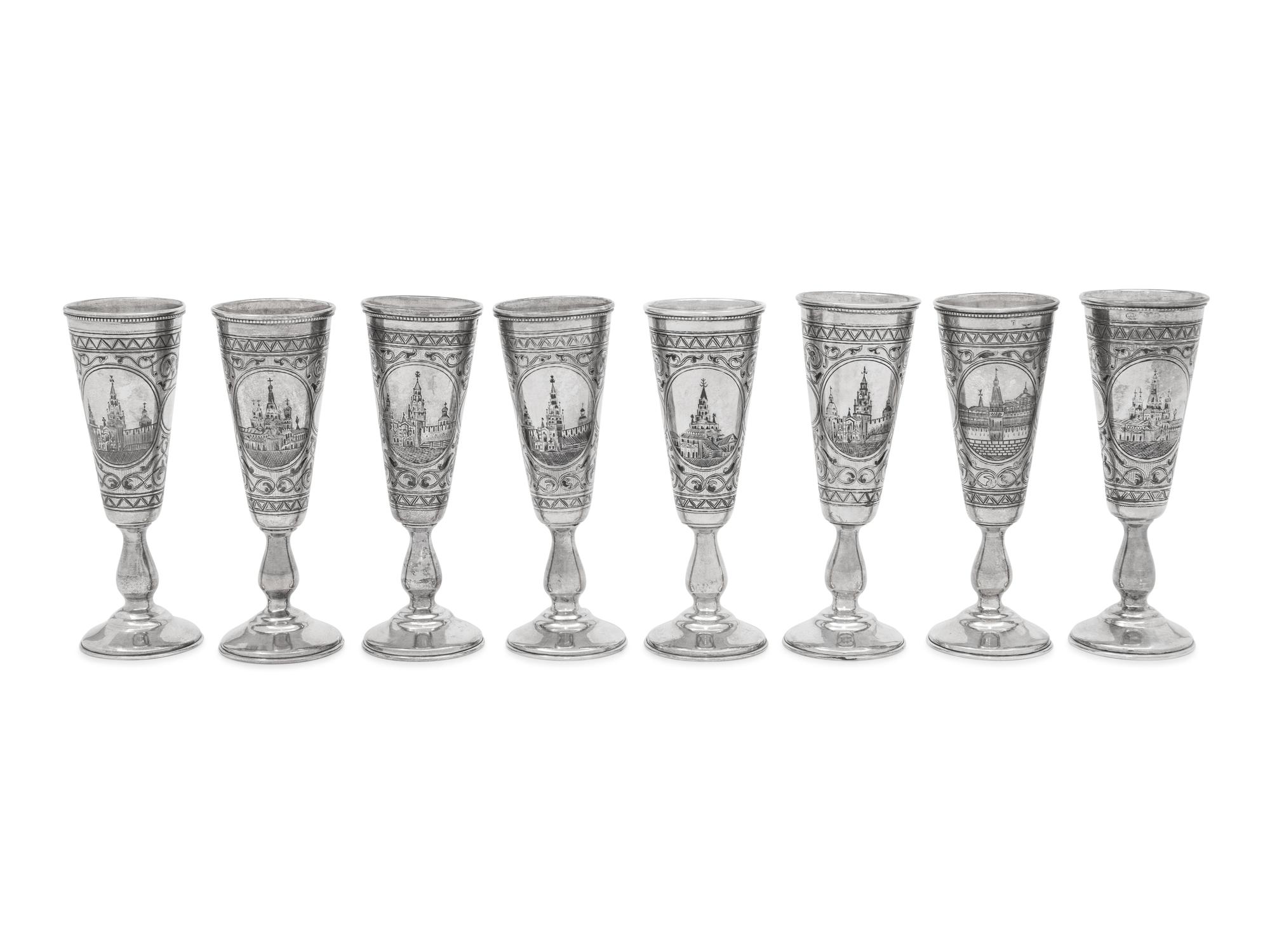 A Set of Eight Russian Niello Silver Cordials