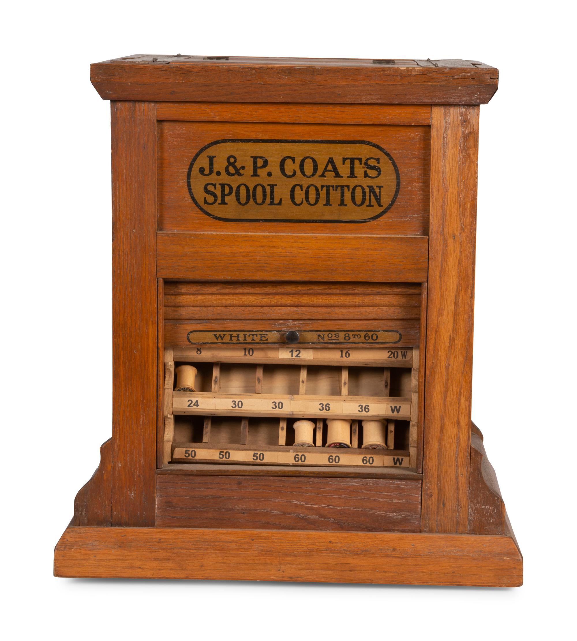 A J. & P. Coats Stenciled Oak Spool Cabinet