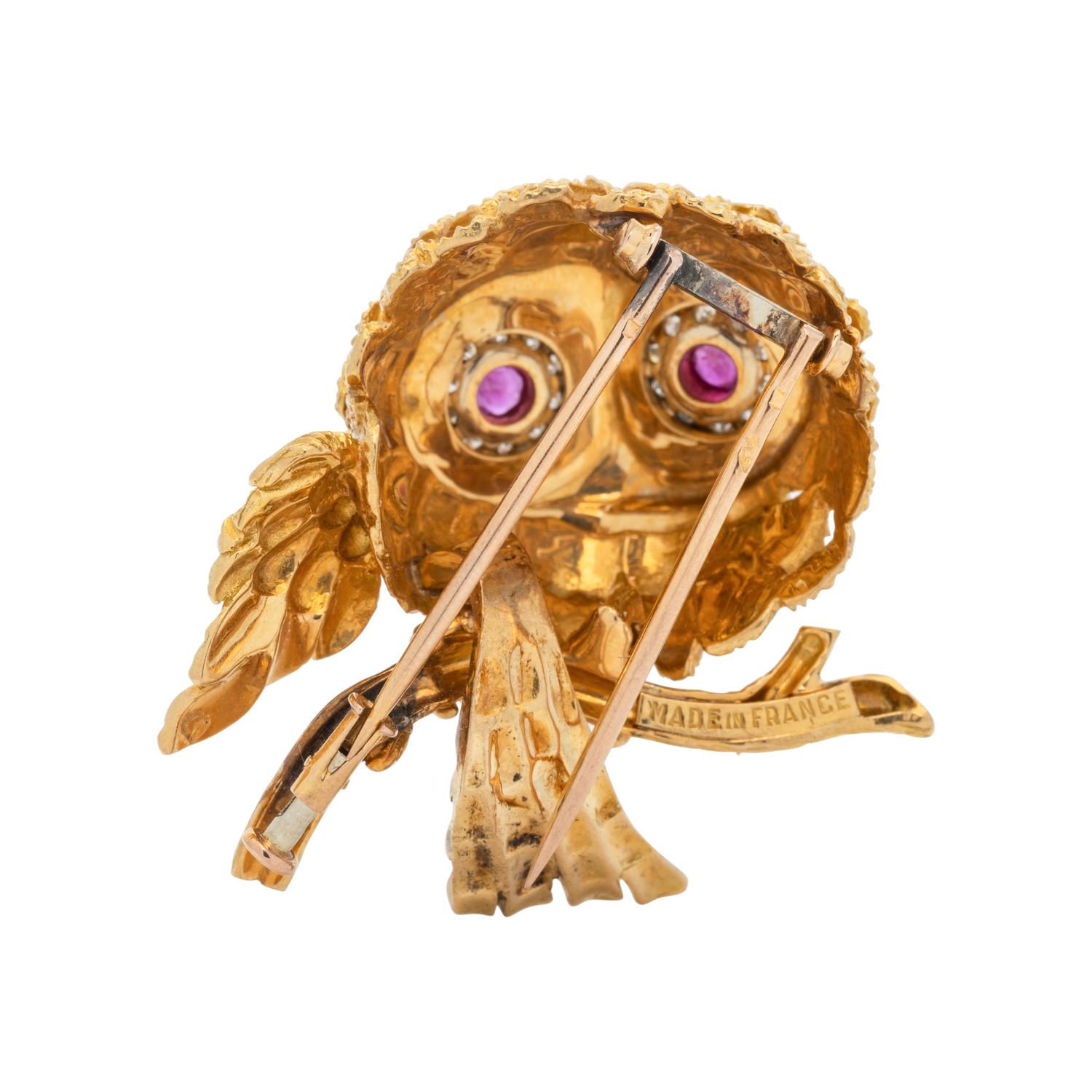 FRENCH, YELLOW GOLD, RUBY AND DIAMOND OWL BROOCH
