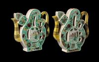 A Pair of Chinese Famille Verte Porcelain Shou Teapots