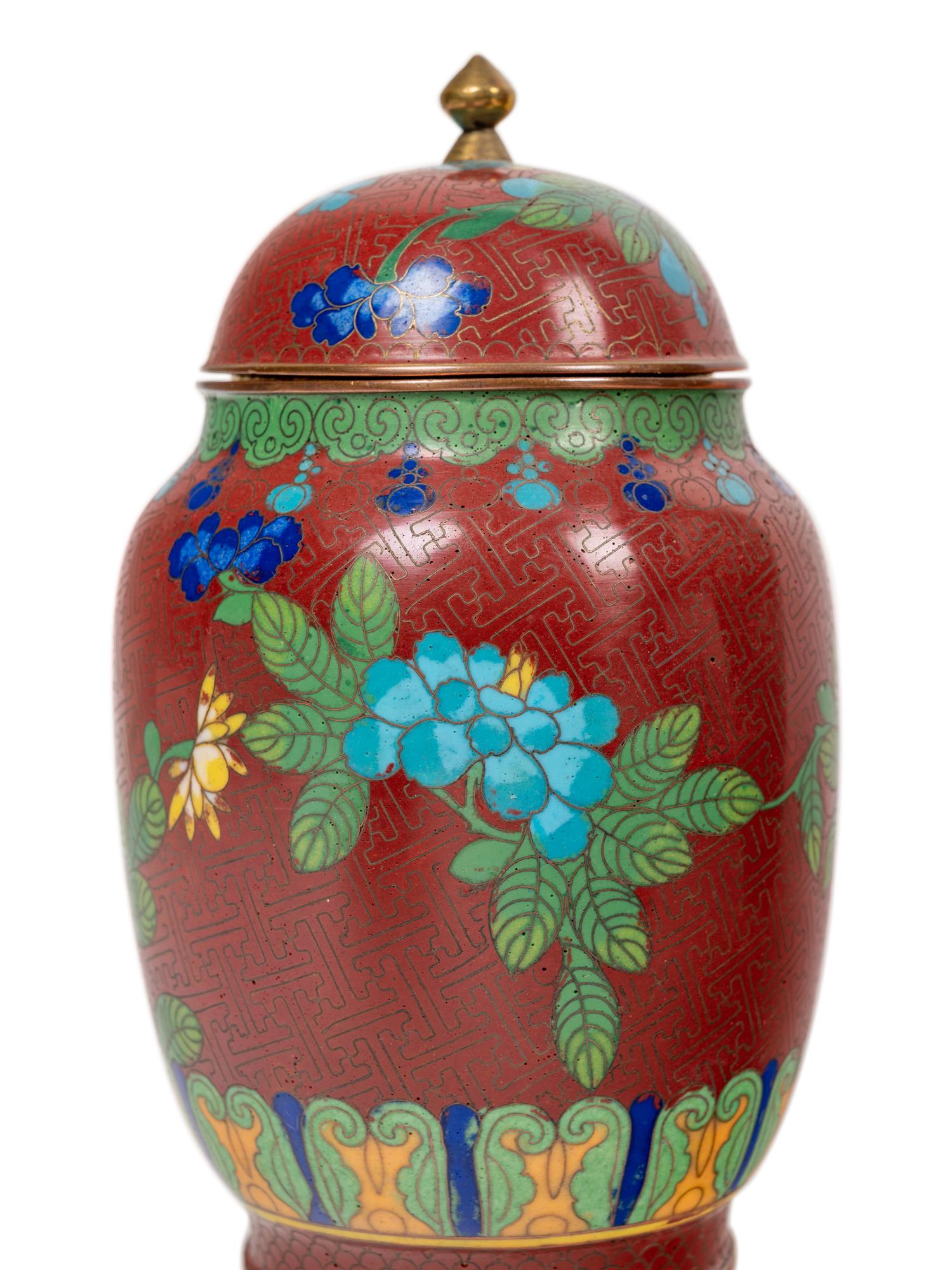 12 Japanese Red Ground Cloisonné Enameled Vessels