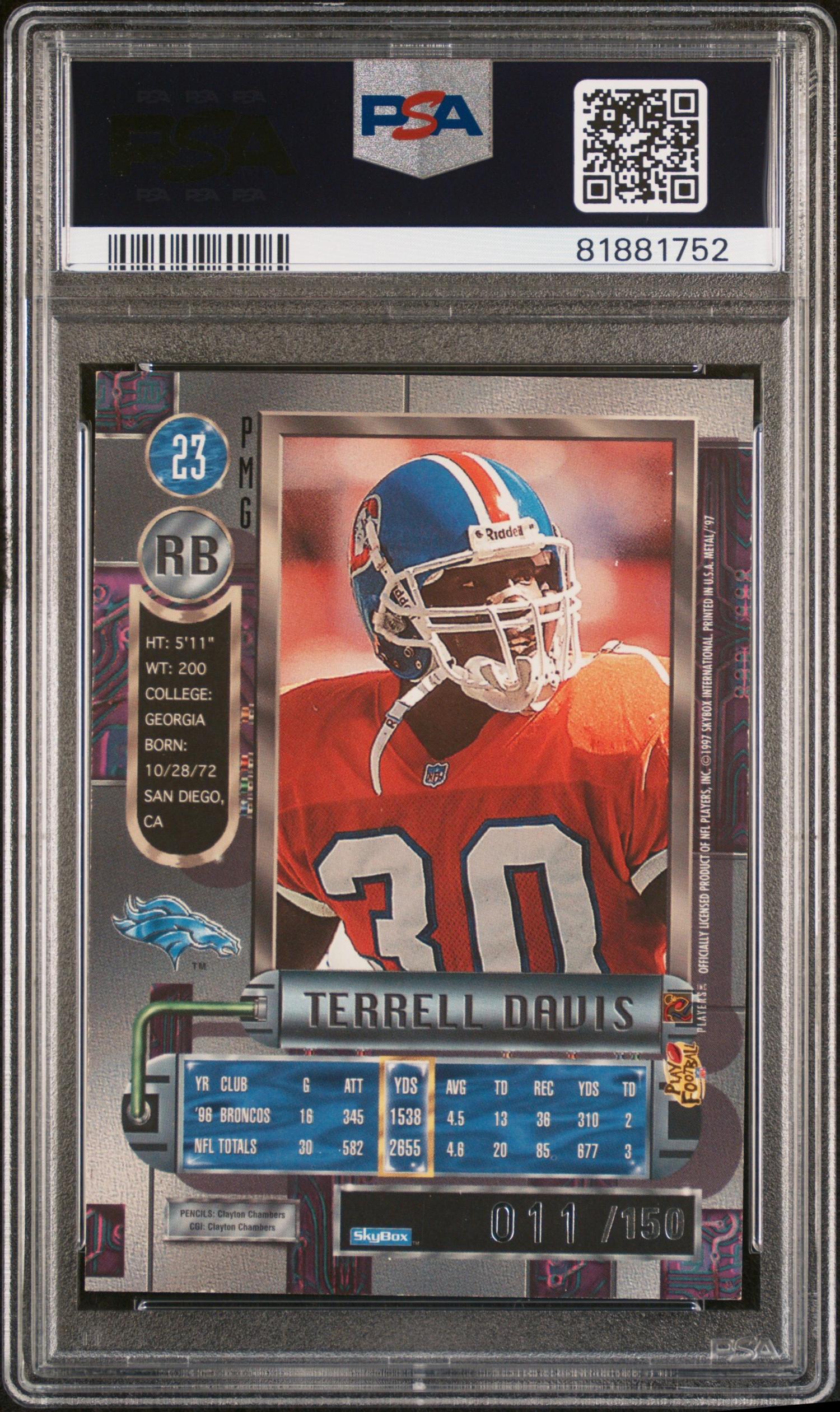A 1997 Metal Universe Terrell Davis Precious Metals Gems Green Football Card No. 23 (PSA 7 NM, POP 2),