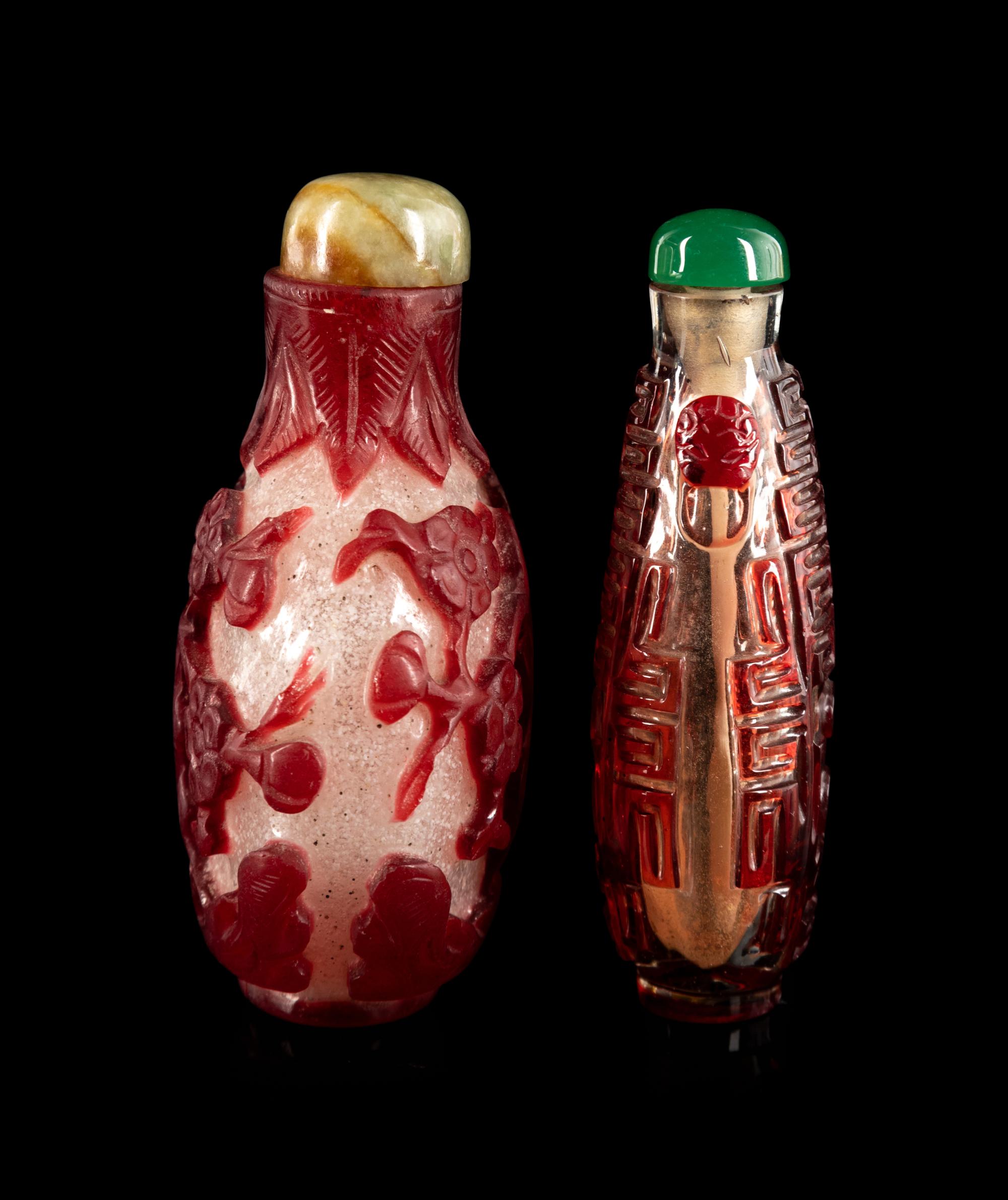 Two Chinese Red Overlay Peking Glass Snuff Bottles