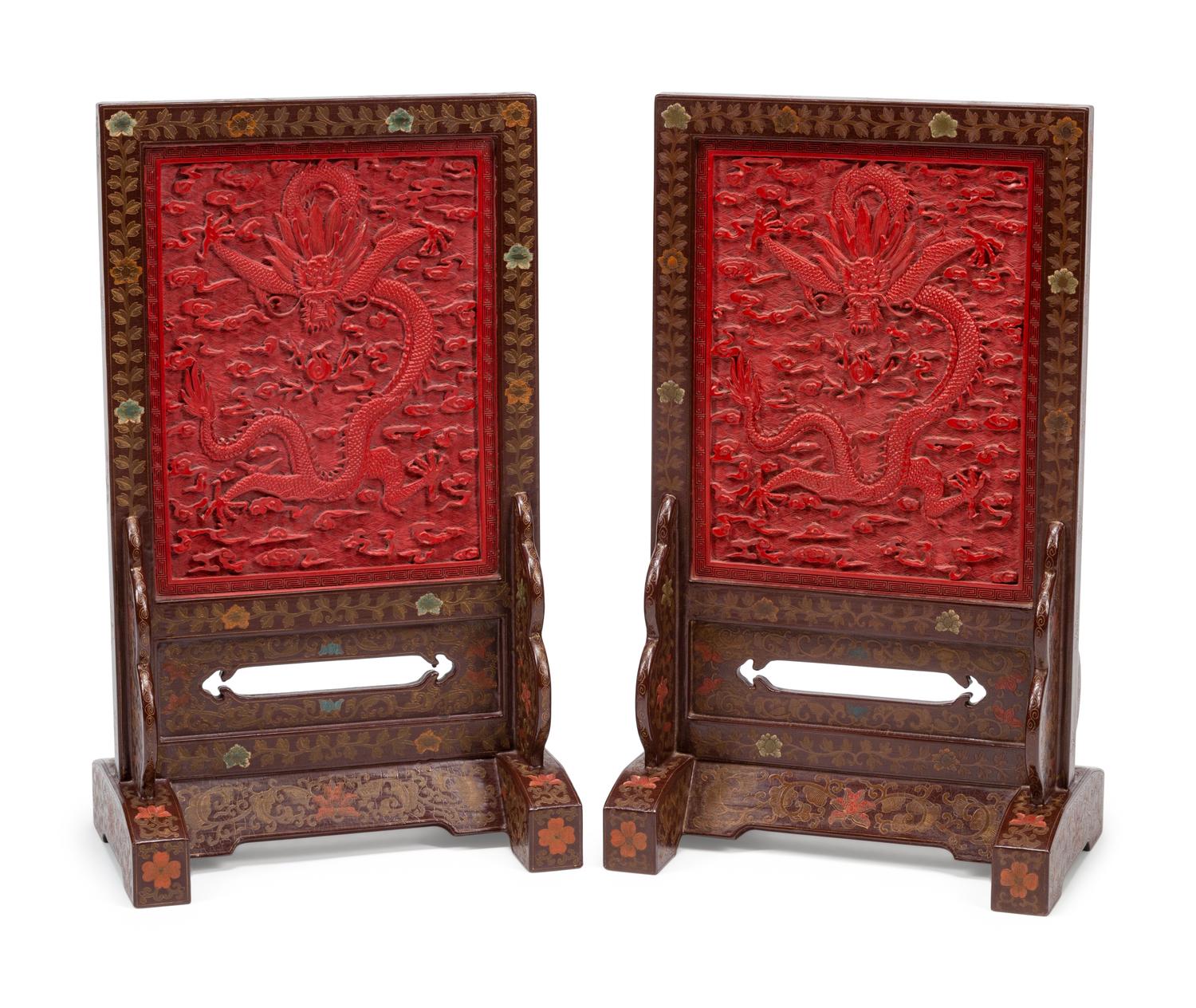 A Pair of Chinese Carved Red Lacquer Table Screens in Polychrome Lacquer Stands