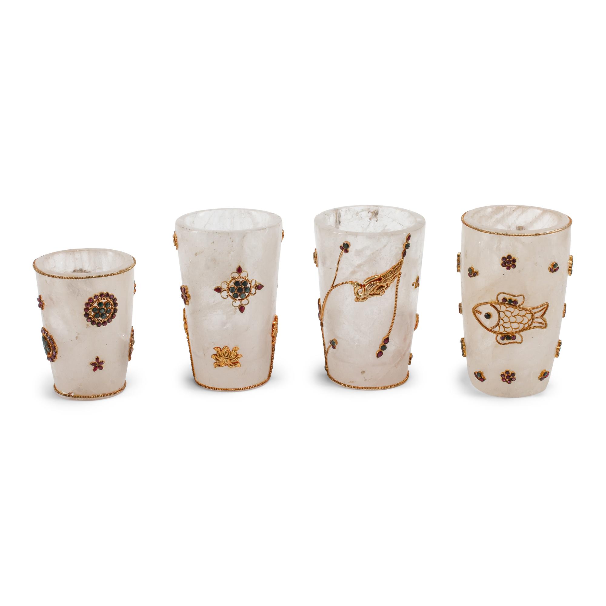 Four Jeweled Rock Crystal and Gilt Filigree Tumblers