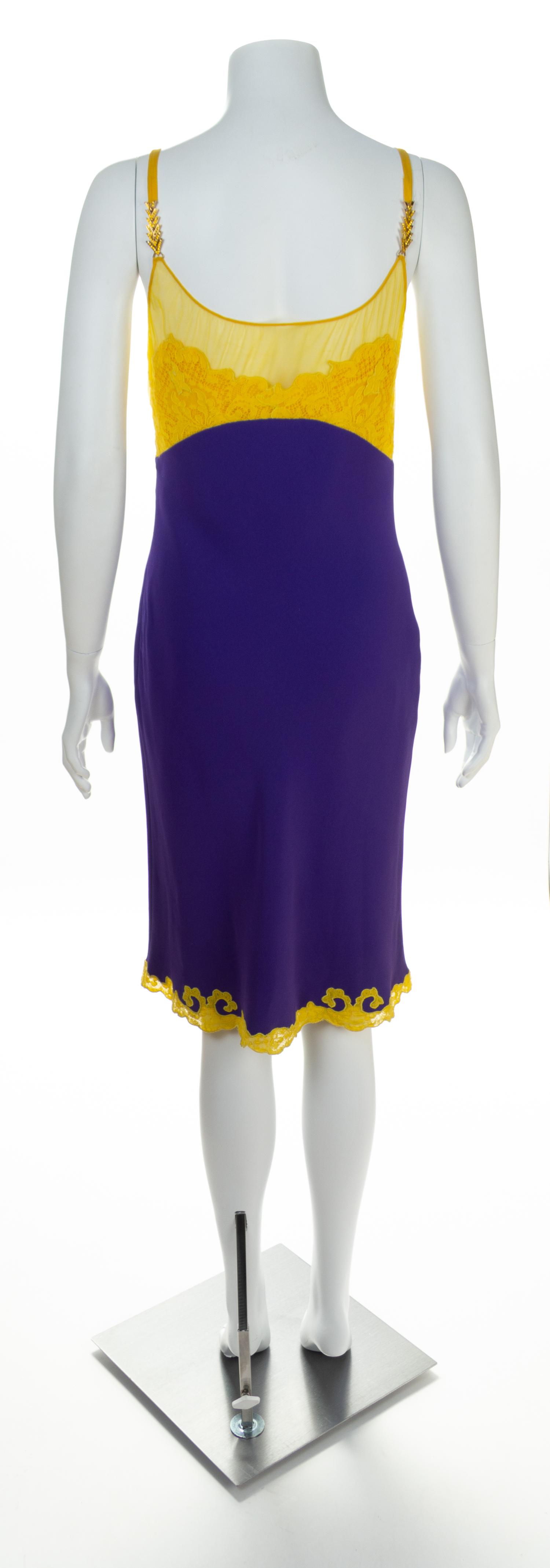 A Gianni Versace Purple and Yellow Lace Slip Dress, Size 42.