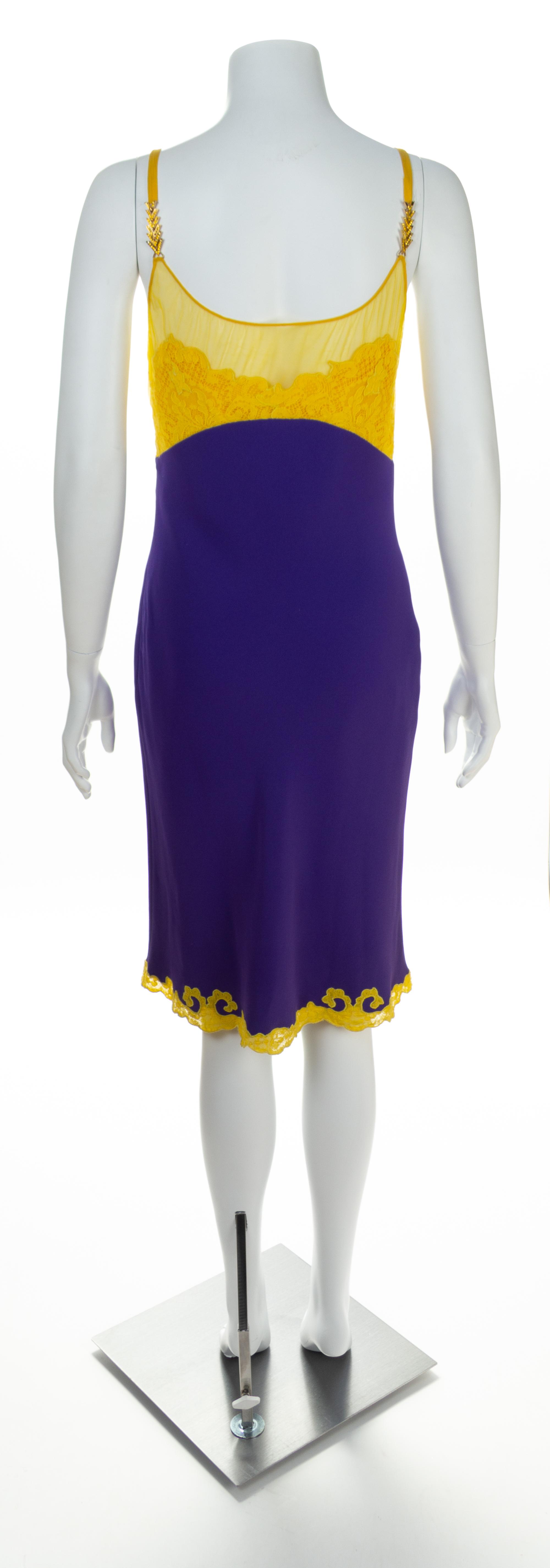 A Gianni Versace Purple and Yellow Lace Slip Dress, Size 42.