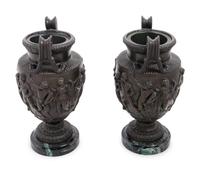 A Pair of Grand Tour Cast Metal and Marble Urns