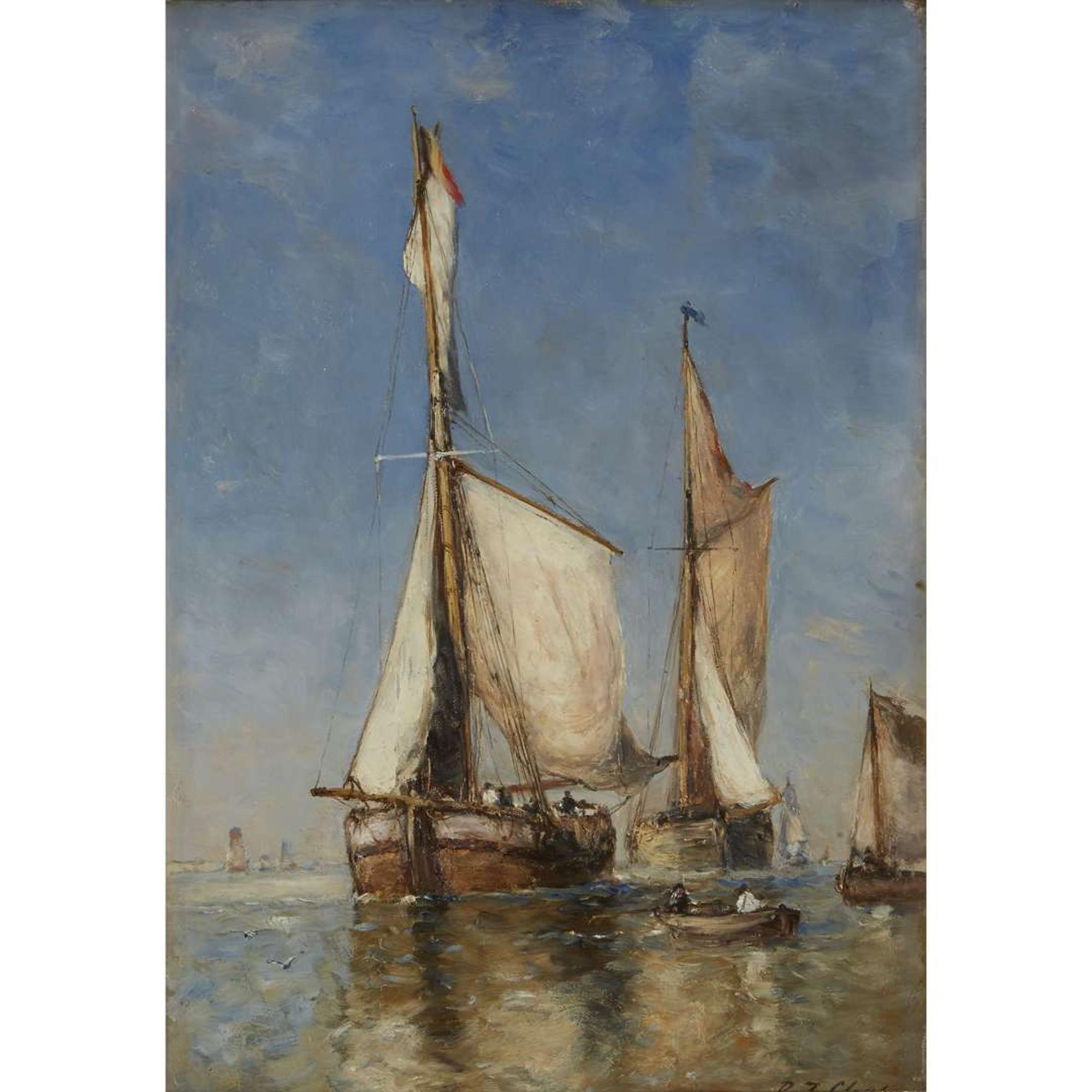 PAUL JEAN CLAYS (BELGIAN 1819-1900) "BATEAUX PÊCHEURS AU PORT D'OSTENDE"