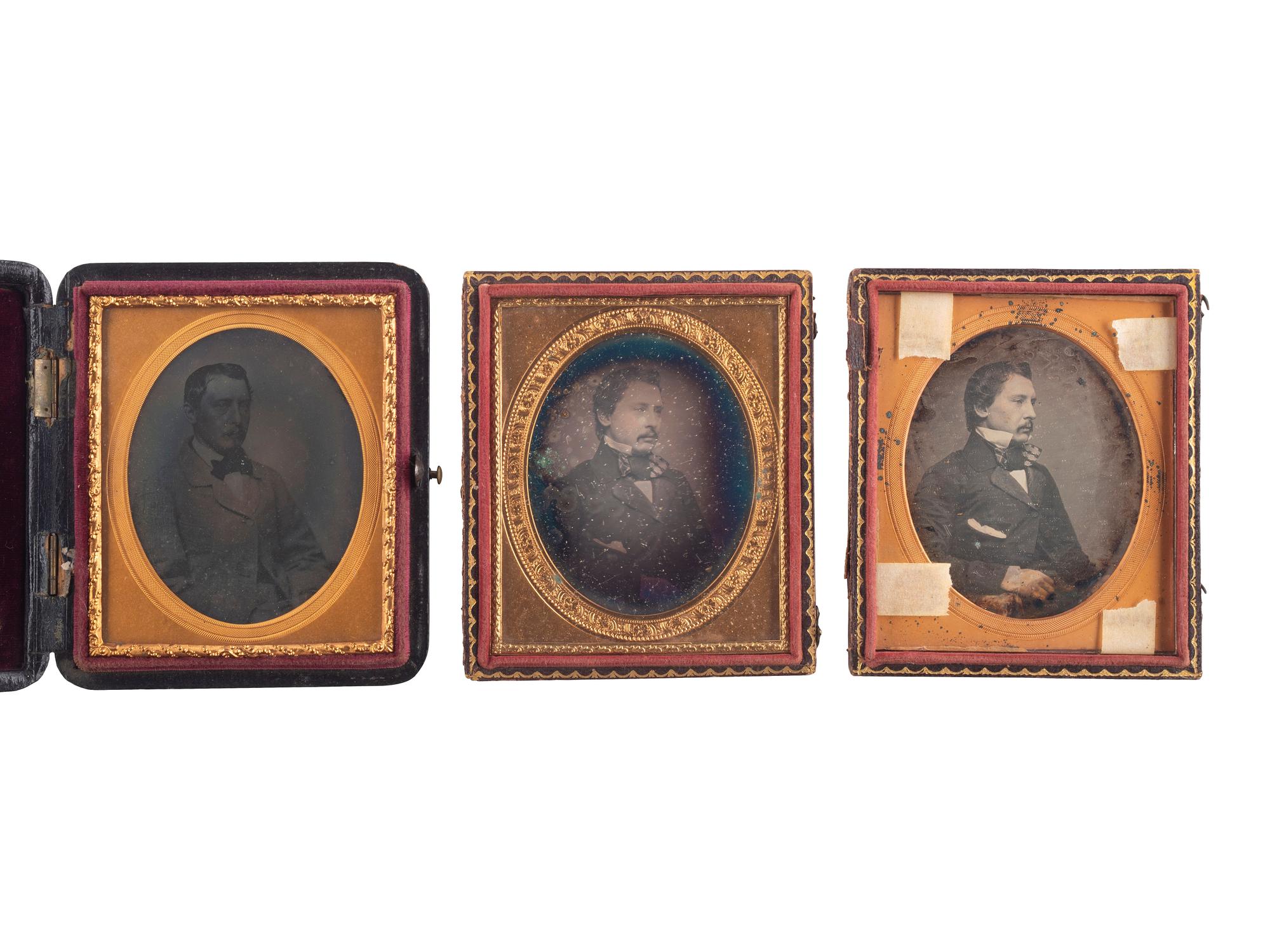 [EARLY PHOTOGRAPHY]. A collection of pairs and trios of cased images featuring the same male and female subjects, including many likely copy images, including:
