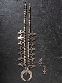 Navajo Silver and Bisbee Turquoise Anchor Squash Blossom Necklace and Clip Matching Earrings