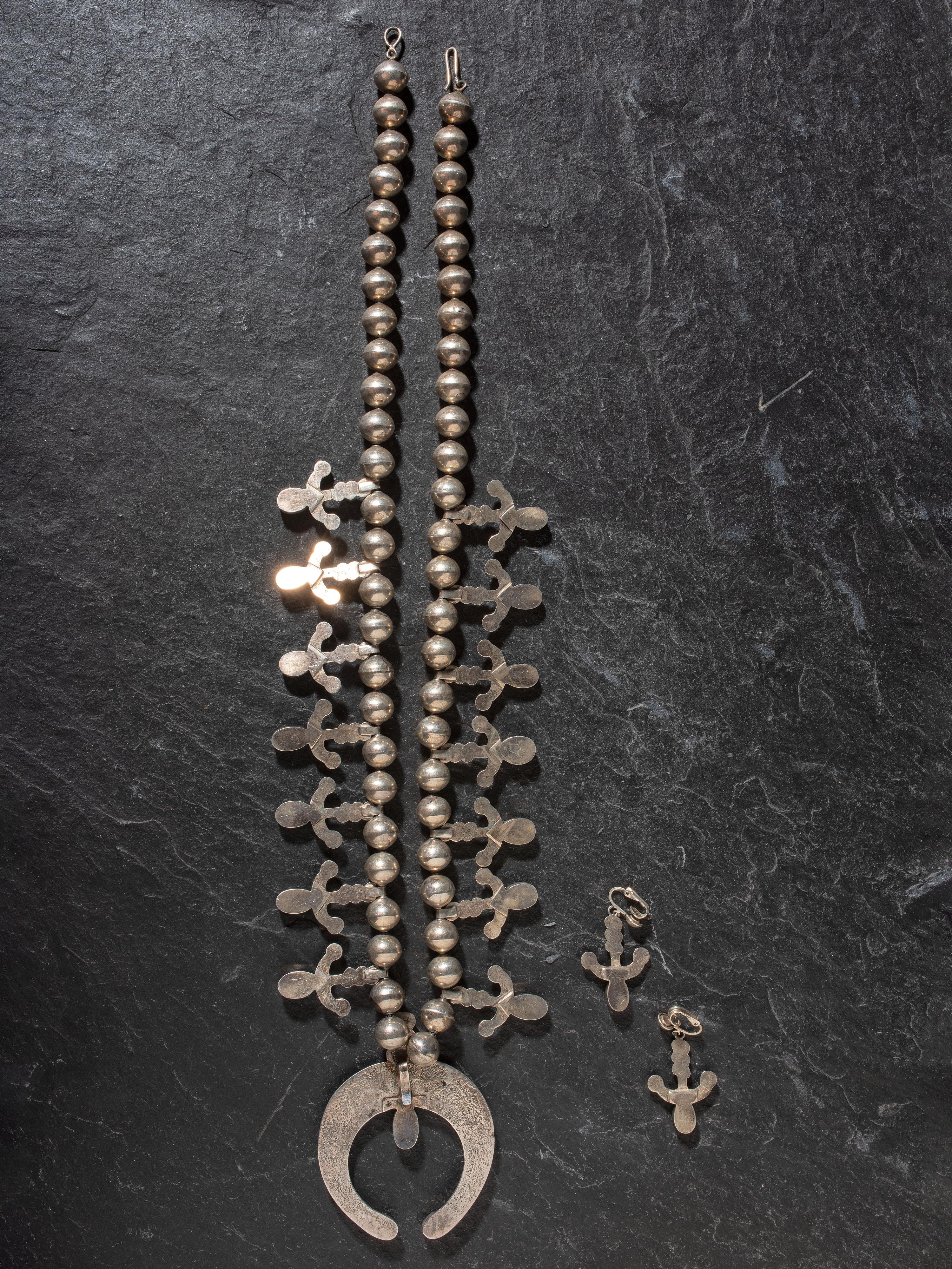 Navajo Silver and Bisbee Turquoise Anchor Squash Blossom Necklace and Clip Matching Earrings