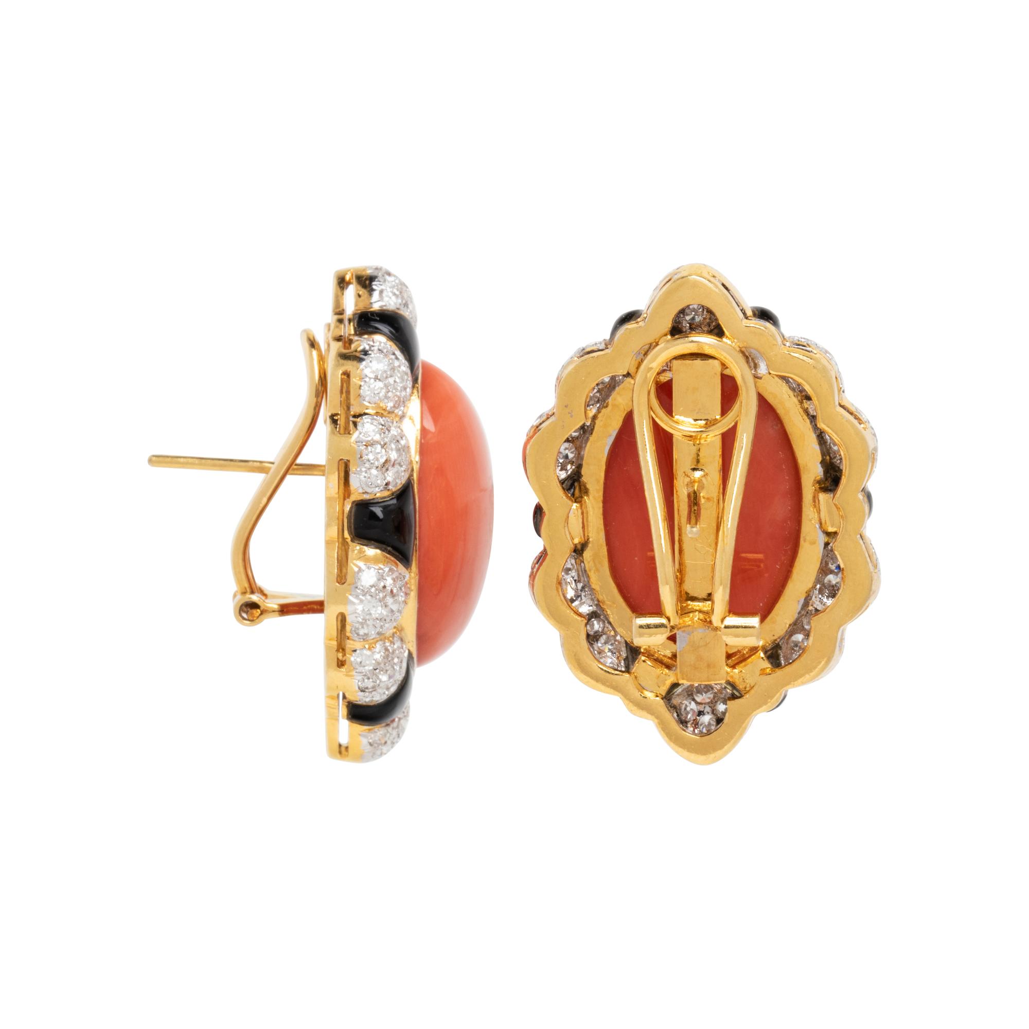 BICOLOR GOLD, CORAL, ENAMEL, AND DIAMOND EARRINGS