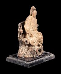 A Chinese Polychrome Painted Wood Carving of Guanyin