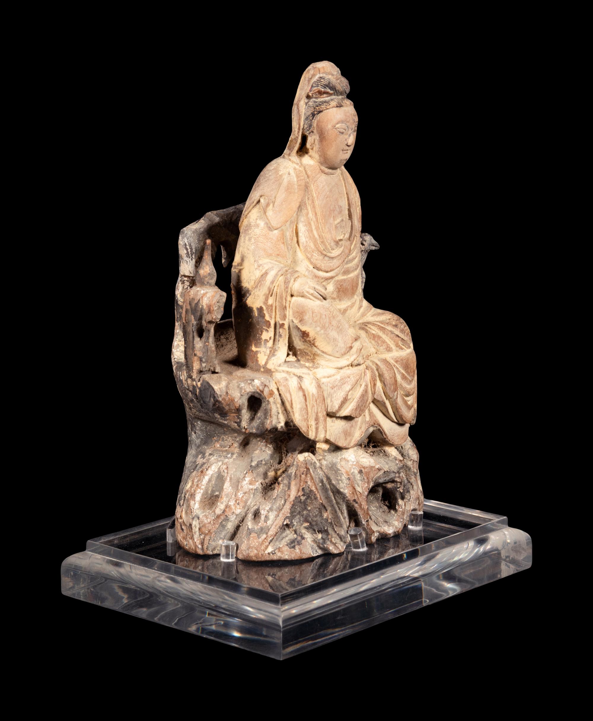 A Chinese Polychrome Painted Wood Carving of Guanyin