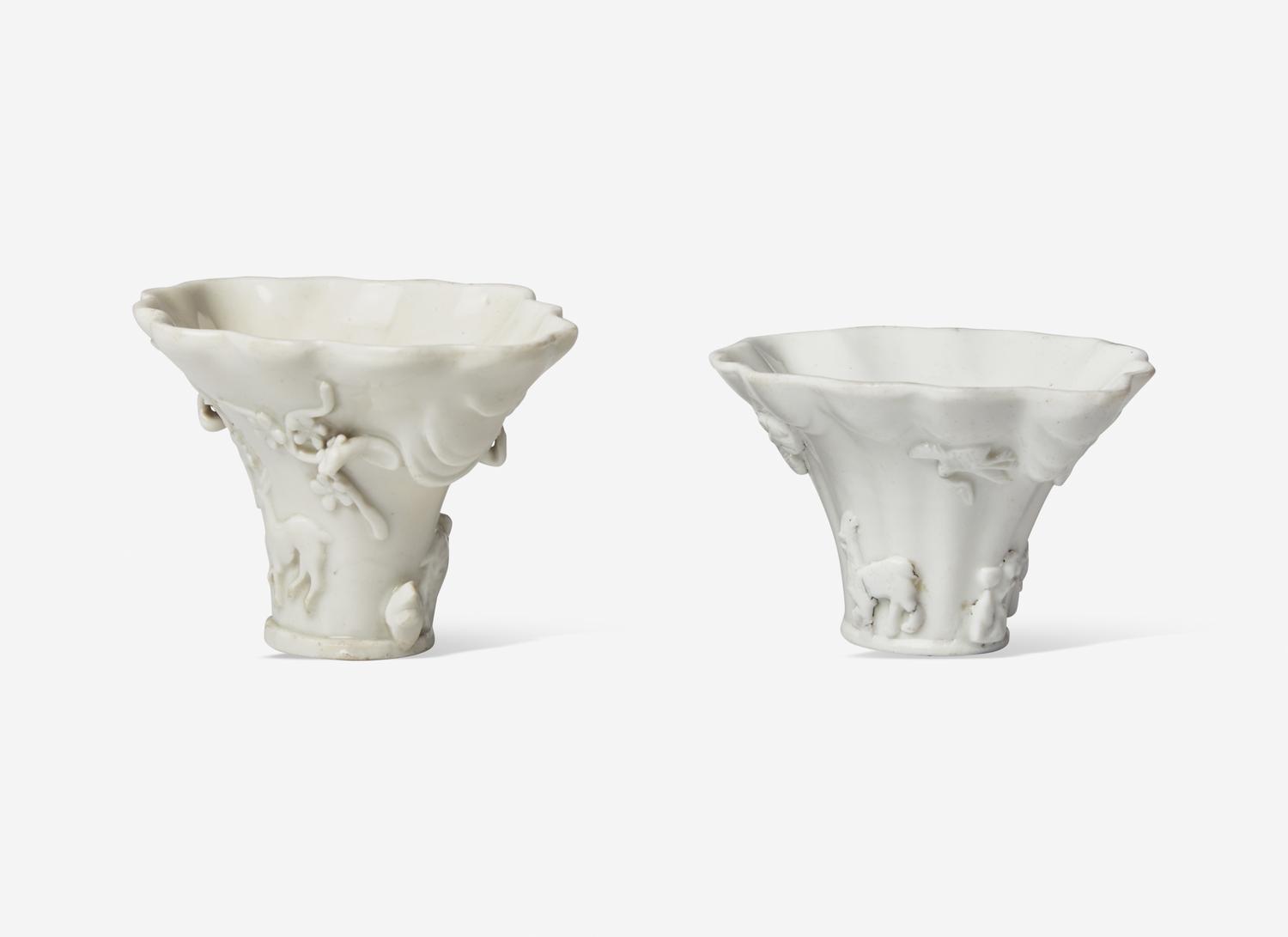 Three Chinese Dehua Porcelain Libation Cups and a Wood Stand