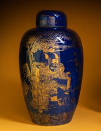 A Well-Painted Gilt-Decorated Powder Blue 'Zhong Kui' Covered Jar