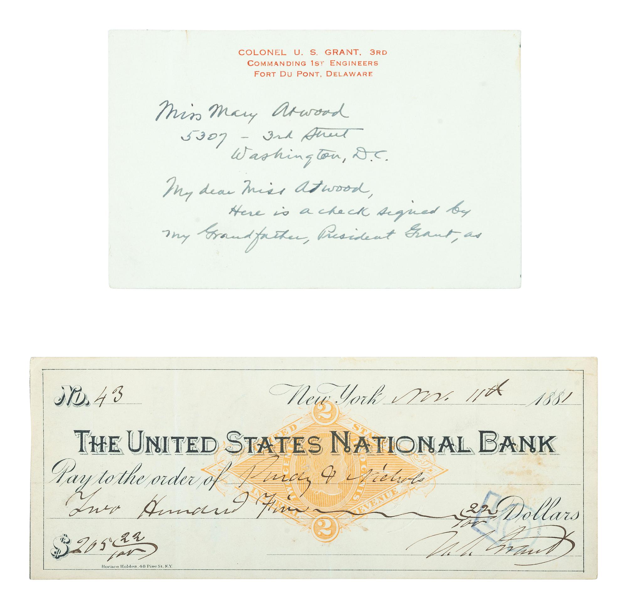 GRANT, Ulysses S. (1822-1885). Personal check signed ("U.S. Grant"). New York, 11 November 1881.