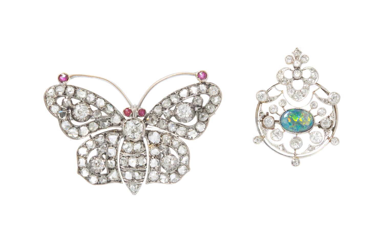 A Collection of Antique Platinum, Gold, Diamond, Opal and Ruby Brooches, 5.70 dwts.