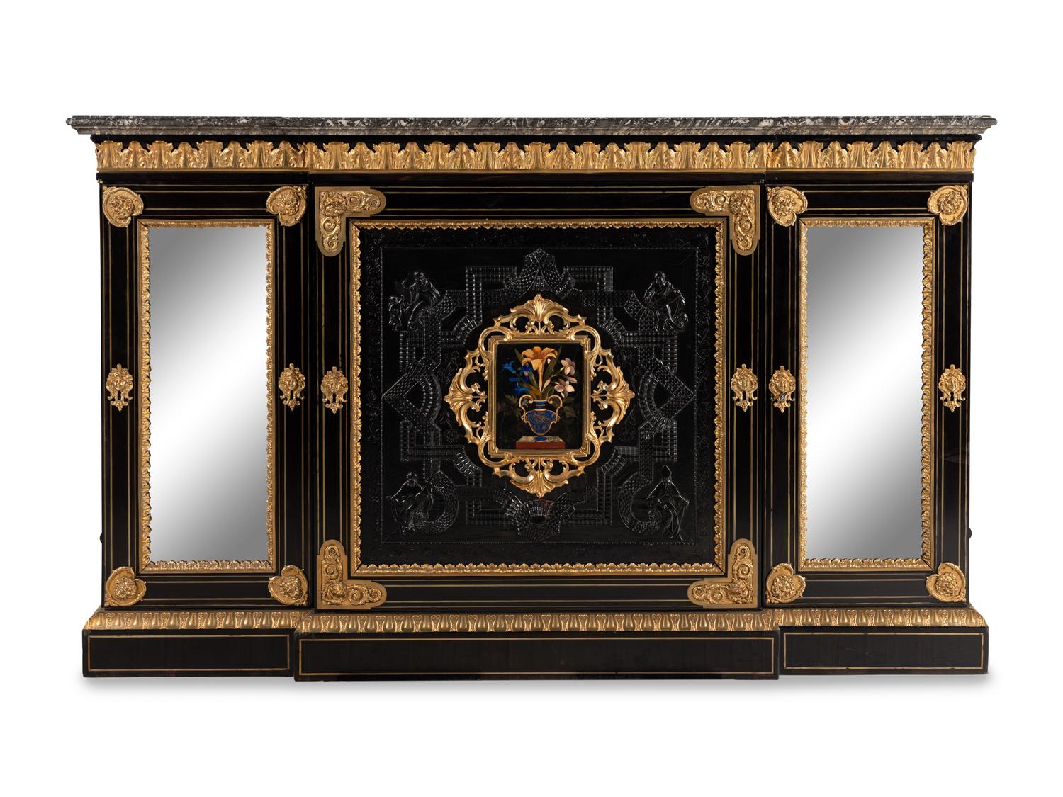 A Napoleon III Bas Relief-Carved, Gilt Bronze Mounted and Pietra Dura-Inset Marble-Top Cabinet