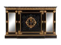 A Napoleon III Bas Relief-Carved, Gilt Bronze Mounted and Pietra Dura-Inset Marble-Top Cabinet