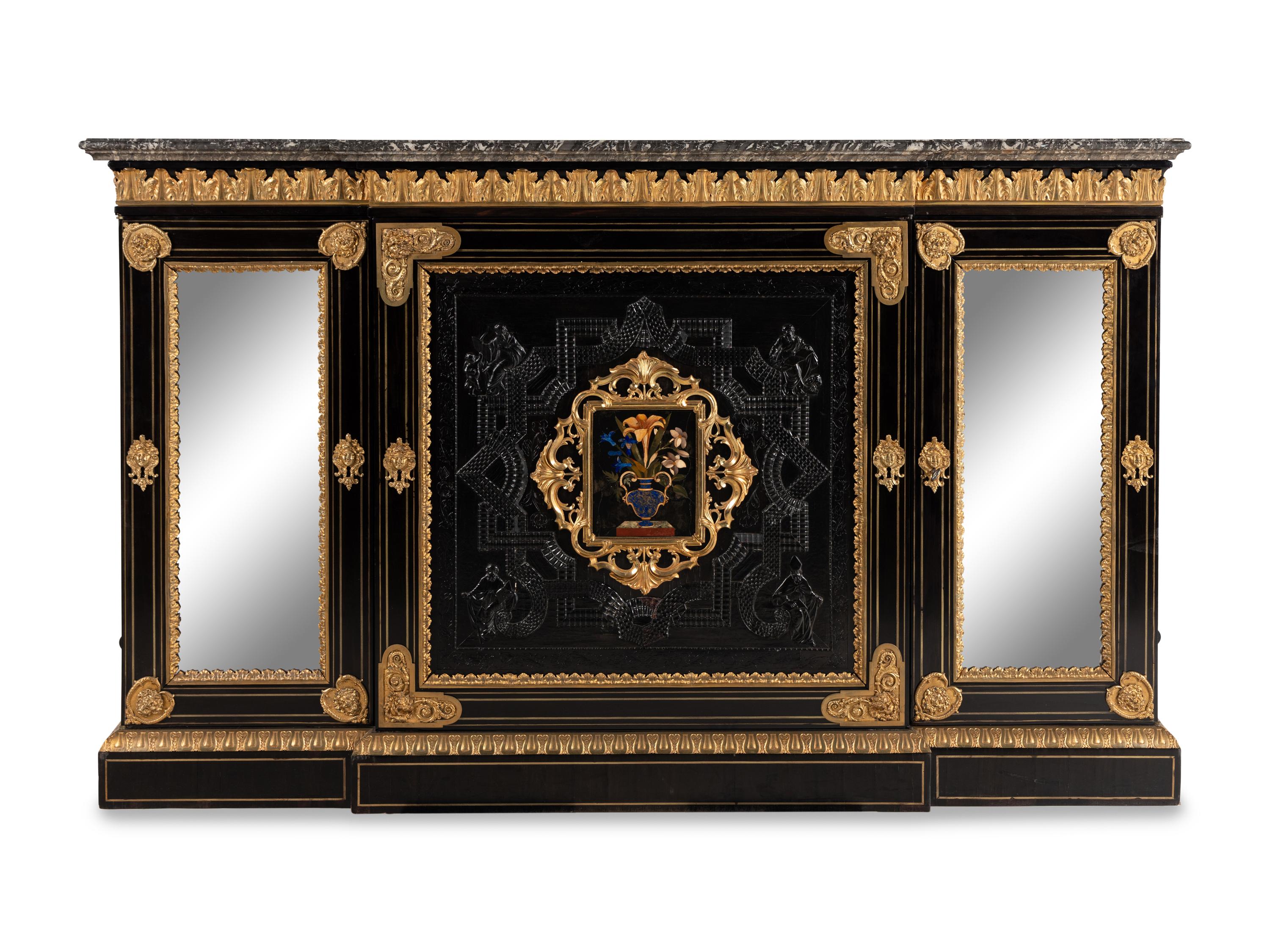 A Napoleon III Bas Relief-Carved, Gilt Bronze Mounted and Pietra Dura-Inset Marble-Top Cabinet