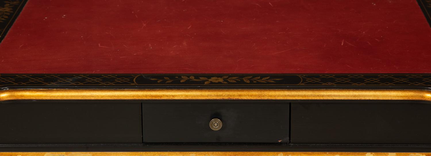 A Regency Style Black Lacquer and Parcel Gilt Card Table with Red Inset Leather Top