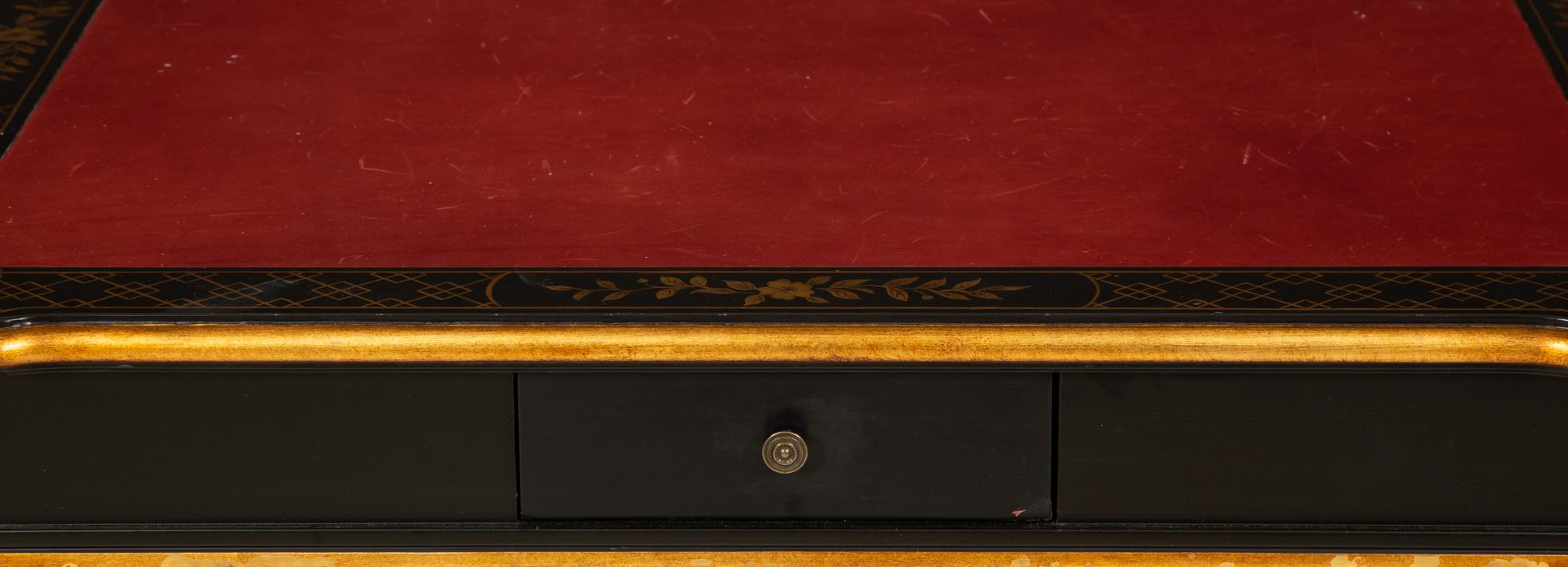 A Regency Style Black Lacquer and Parcel Gilt Card Table with Red Inset Leather Top