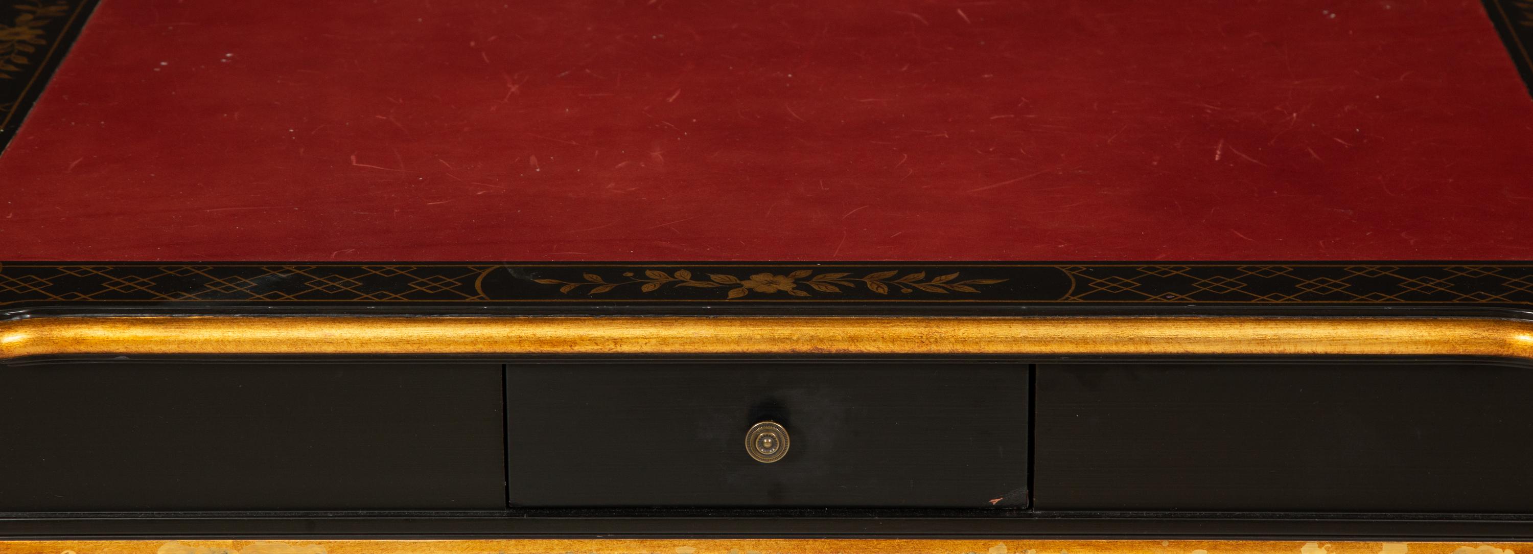 A Regency Style Black Lacquer and Parcel Gilt Card Table with Red Inset Leather Top