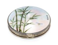 A Continental Silver and Enamel Compact, Import Mark GS, London, 1925, the lid enameled with bamboo shoots, dragonflies and four Chines