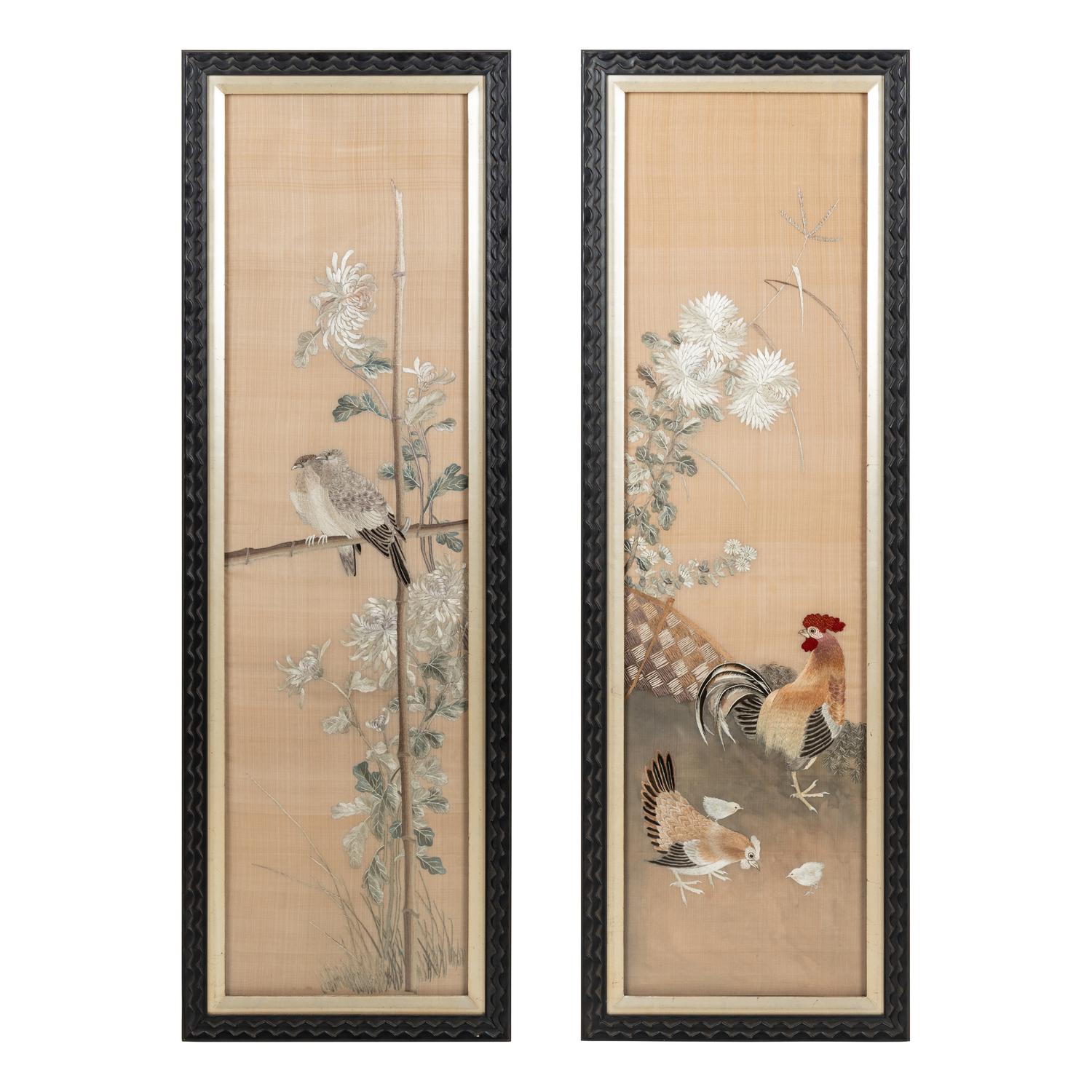 A Pair of Chinese Embroidered Silk Panels