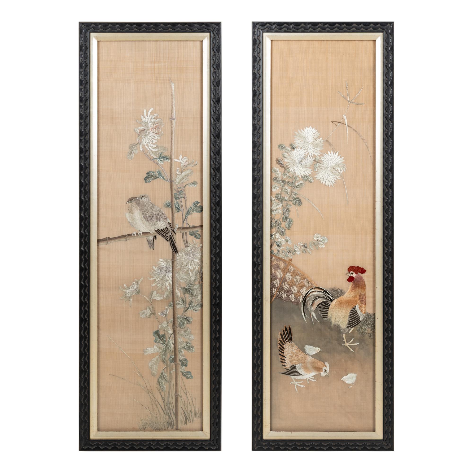 A Pair of Chinese Embroidered Silk Panels